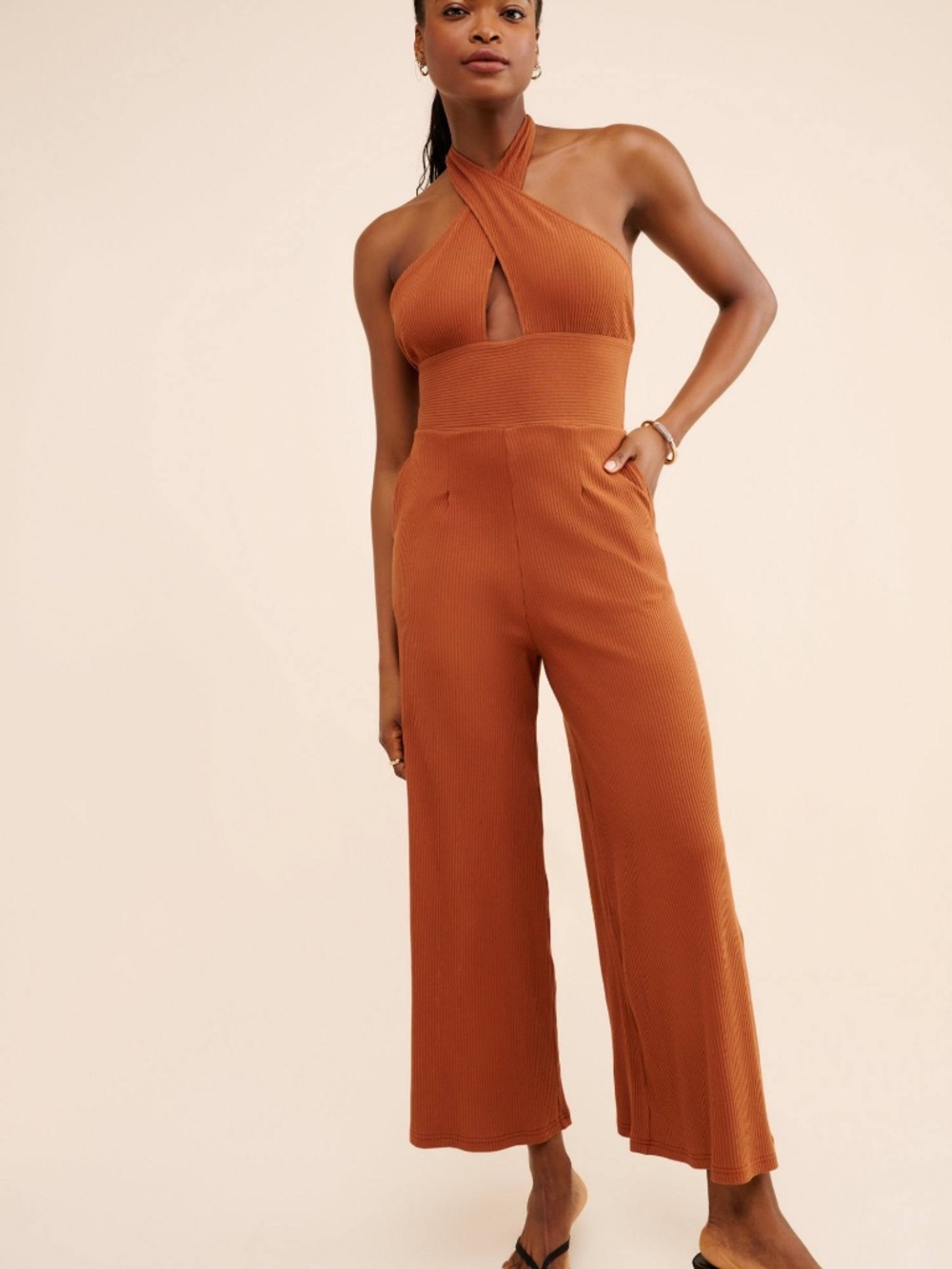 Callahan Rust Cotton Mimi Halter Jumpsuit, Small